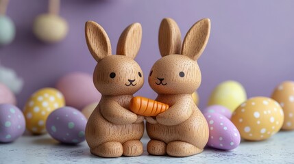 Wall Mural - Minimalist wooden bunny holding a carrot surrounded by pastel Easter eggs on a purple background