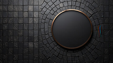 Poster - black and grey mosaic style background with circular frame, creating modern and elegant design. textured tiles add depth and sophistication to overall aesthetic