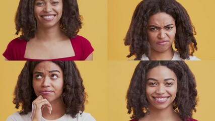 Poster - A woman showcases a range of emotions, including joy, frustration, contemplation, and surprise. The colorful background highlights her diverse expressions and lifestyle.