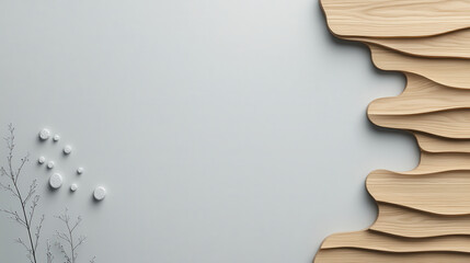 Aufkleber - Minimalist gray background with smooth wooden texture and decorative elements. design features soft curves and natural shapes, creating serene and modern aesthetic
