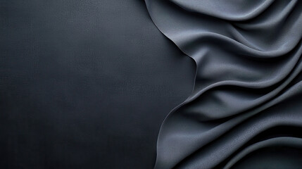 Poster - Luxurious gray fabric drapes elegantly on smooth dark background, creating sophisticated and balanced tone. texture adds depth and richness to composition