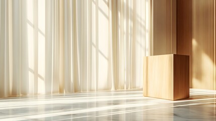 Wall Mural - A wooden podium standing on a smooth marble floor, with sunlight streaming through tall glass windows casting soft shadows, creating a clean, elegant backdrop