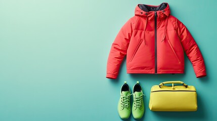 Poster - A bright and bold flat lay showcasing a red jacket, neon green shoes, and a yellow bag, all neatly arranged.