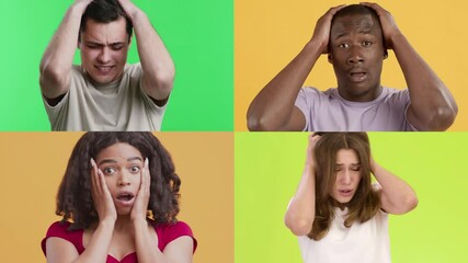 Poster - Four individuals showcase various emotional expressions against bright backgrounds. Each person demonstrates a distinct reaction, highlighting diversity and human connection.