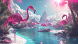 © Thiago - A futuristic lagoon with cybernetic flamingos, their metallic feathers shimmering in the sunlight, representing the blending of nature and technology in a future world. Shimmering Lagoon. Illustration