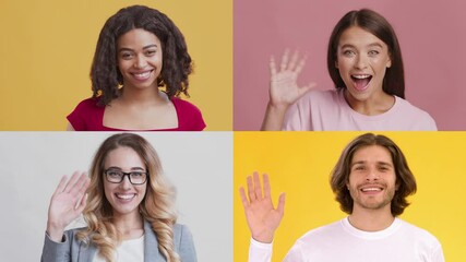 Leinwandbilder - A vibrant collection showcases four diverse individuals displaying various emotions. Each person exudes happiness and excitement against bright, solid backgrounds.
