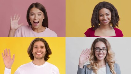 Poster - Four diverse individuals share their happiness through various gestures, showcasing emotions of excitement and contentment. Each person radiates positivity against vibrant backgrounds.