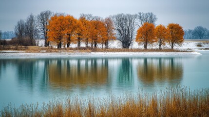 Wall Mural - Winter riverbank, orange trees reflection, snow, calm
