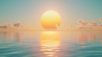 golden sun sphere mirroring on ocean at sunset with soft clouds and pastel colors