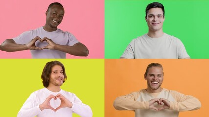 Poster - Four multiracial people showcase a variety of emotions, using gestures like heart-signs against bright, colorful backgrounds. Their diverse expressions highlight unity and joy.