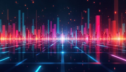 Poster - Futuristic cityscape illuminated by vibrant neon light patterns. Data streams, digital energy flow across gridded surface reflecting tech metropolis. Abstract wave-like forms, colorful sound