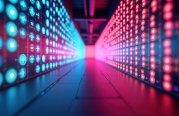 Poster - Abstract tech display with glowing dots in blue, red. Modern, illuminated pattern. Futuristic panel design. Digital art. Glowing light tech wallpaper. Electronic screen texture. Trendy nightclub