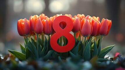 Wall Mural - Tulip flowers arranged in the shape of the number 8, a beautiful tribute for International Women's Day