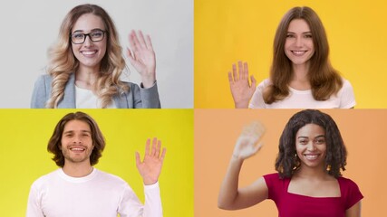 Poster - Four diverse individuals are smiling and waving their hands in a collage. Each person showcases a unique connection, radiating happiness and friendliness against bright backgrounds.