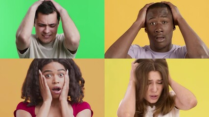 Poster - Four people from different backgrounds showcase various emotional expressions against bright, colorful backgrounds.