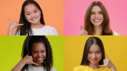 Poster - A cheerful and diverse collection of individuals uses playful phone gestures on bright backgrounds. Their joyful expressions convey a sense of connection and positivity among friends.