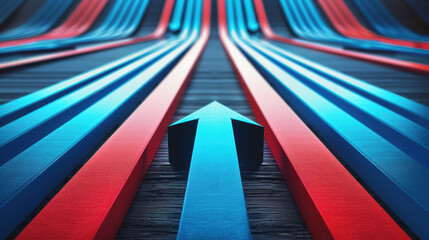 Poster - Dynamic lines in red and blue create sense of movement and direction, leading towards central arrow on textured surface