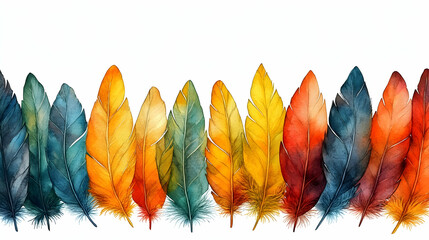 Wall Mural - Colorful Watercolor Feathers in Vibrant Autumn Hues on White Background