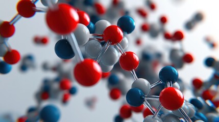 Poster - Abstract Molecular Structure: Red, White, and Blue Atoms