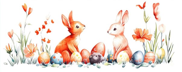 Wall Mural - Two adorable rabbits sit amidst colorful Easter eggs and blooming flowers, creating a delightful spring scene.