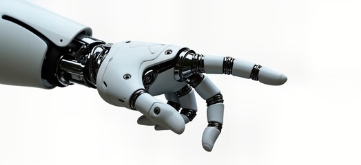 Poster - White robotic hand points. Futuristic arm reaching. Artificial intelligence concept. Advanced technology. Mechanical hand. Detail of hand. Innovation in tech. Cybernetic arm. Modern design. Robotic