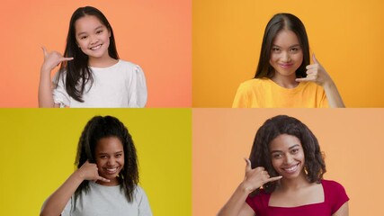 Poster - Four individuals express joy and positivity through playful gestures. They are set against bright, colorful backgrounds, radiating happiness and connection.