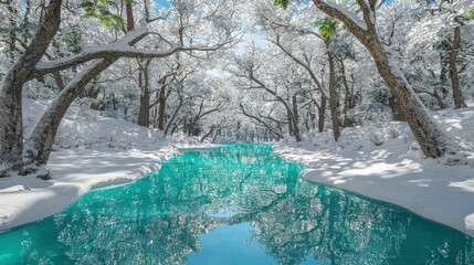 Wall Mural - Snowy forest stream, winter wonderland, sunlight, nature, calm