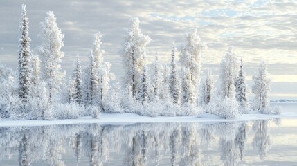 frosty trees reflecting in calm winter lake