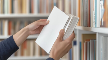 Poster - Student holding white book in library bookshelf background
