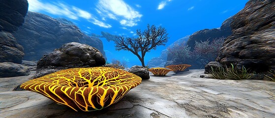 Wall Mural - vibrant underwater scene featuring coral formations and a solitary tree in a serene marine landscape