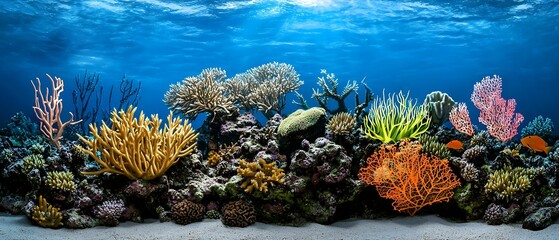 Wall Mural - vibrant coral reef teeming with diverse marine life beneath clear blue water, showcasing colorful co