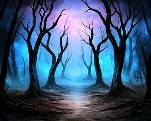 Wall Mural - mysterious forest with dark, twisted trees illuminated by ethereal blue and purple light creating an