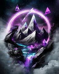 Wall Mural - A stunning digital artwork featuring a mystical landscape with mountains, glowing crystals, and a vibrant, ethereal atmosphere. psychedelic vivid dreamscape concept,