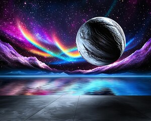Wall Mural - a vibrant cosmic scene featuring a large planet, colorful auroras, and reflective water under a star