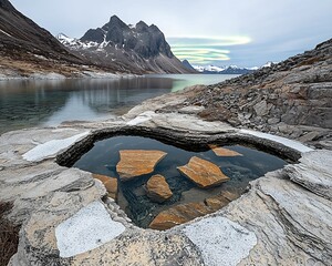 Wall Mural - scenic landscape featuring a rocky pool of water amidst mountains and a serene lake under a cloudy s