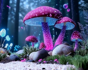 Wall Mural - Vibrant, surreal scene of glowing mushrooms in a mystical forest, surrounded by rocks and soft grass, creating a magical ambiance. psychedelic vivid dreamscape concept,