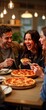 © Maryna - Friends enjoy pizza in restaurant. Laughing, eating happily. Group of people sharing meal together in cozy eatery. Pizza slices shared with smiles, laughter. Atmosphere warm, inviting.
