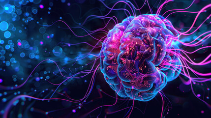 Poster - vibrant digital brain with glowing circuits and colorful neural connections, representing advanced t