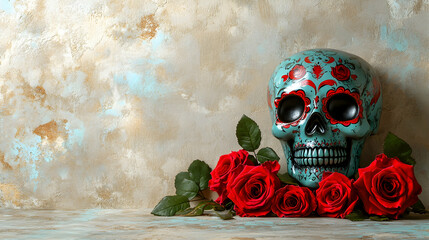 Wall Mural - Colorful Skull Decorated with Red Roses on Artistic Background