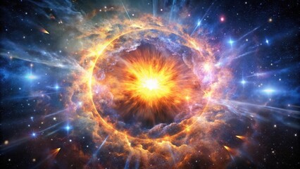 Wall Mural - A celestial event showcasing a brilliant, fiery explosion within a cosmic nebula, surrounded by stars and streaks of light