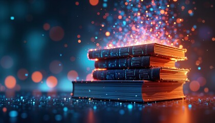 Poster - abstract illustration of ai legal framework. stack of books with glowing digital circuitry patterns 