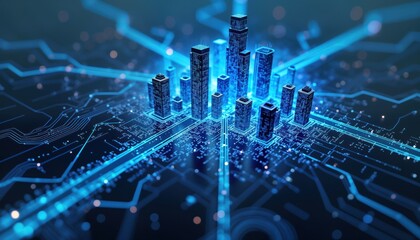 Poster - Futuristic city model on tech circuit board. Buildings digital. Network of lines connects. Creative concept. High tech. Modern, abstract illustration. Digital world metaverse. Business explore