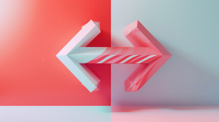 Poster - 3D illustration of stylized arrow pointing left and right, featuring vibrant color scheme of red and light blue, creating modern and dynamic visual effect