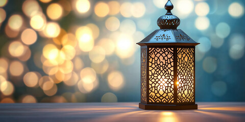 Poster - Ornate lantern illuminating festive bokeh background for ramadan celebration