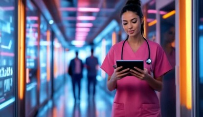Female doctor using tablet in futuristic hospital corridor.