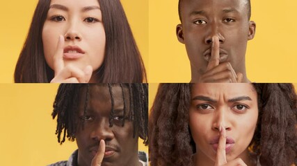 Poster - Four people of different backgrounds showcase a range of emotions. Each person engages with the camera, highlighting diversity and individuality in a bright yellow setting.