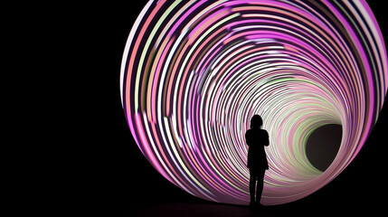 Poster - Woman contemplating psychedelic swirling vortex of light and color