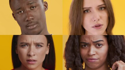 Poster - Four multiethnic individuals display a range of emotions against a bright yellow backdrop. Each person conveys unique feelings through their gestures and facial expressions, showcasing diversity.