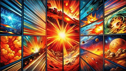 Wall Mural - Dynamic Cosmic Explosion A Vibrant Panel of Celestial Events Depicted in a Comic Book Style