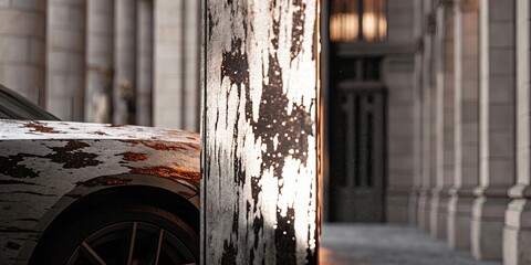 Poster - a car is parked in front of a building with a large pillar